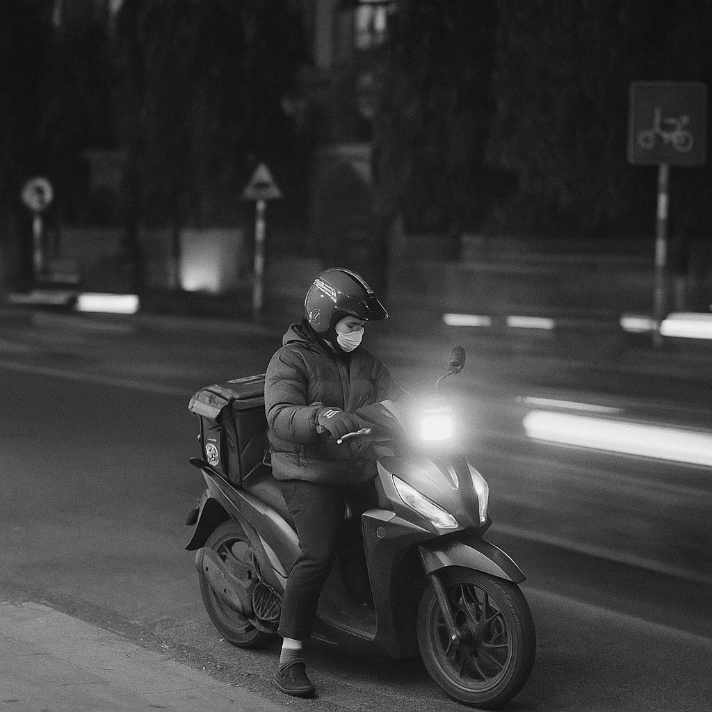 a man riding a motorcycle down a street at night