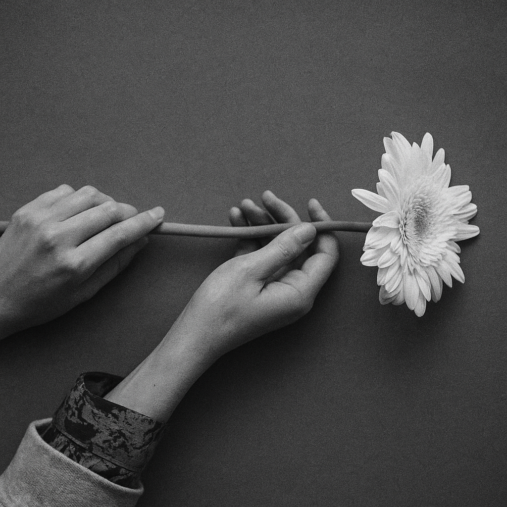 a person holding a flower on a dark surface