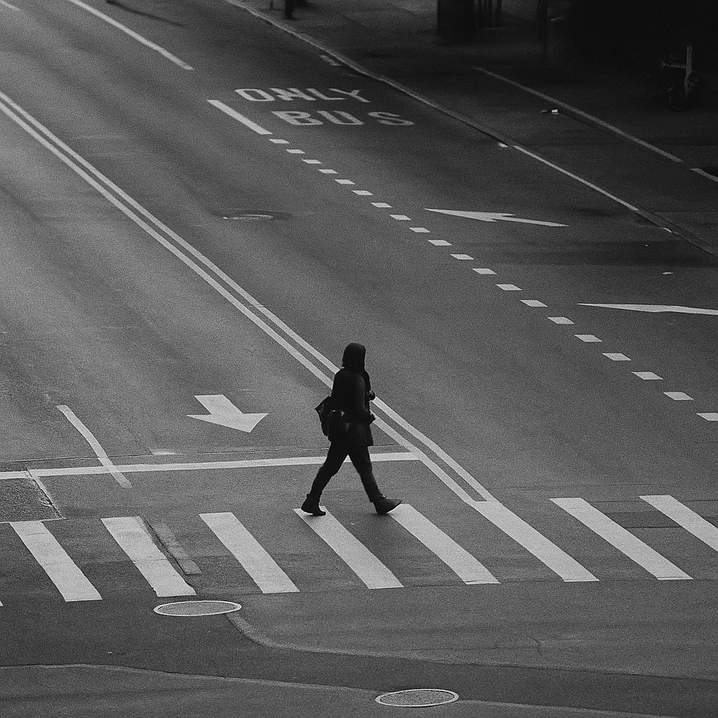 A black and white photo of a person crossing a street