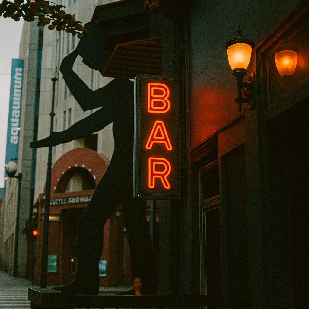 Neon bar sign glows outside a dark building at dusk.