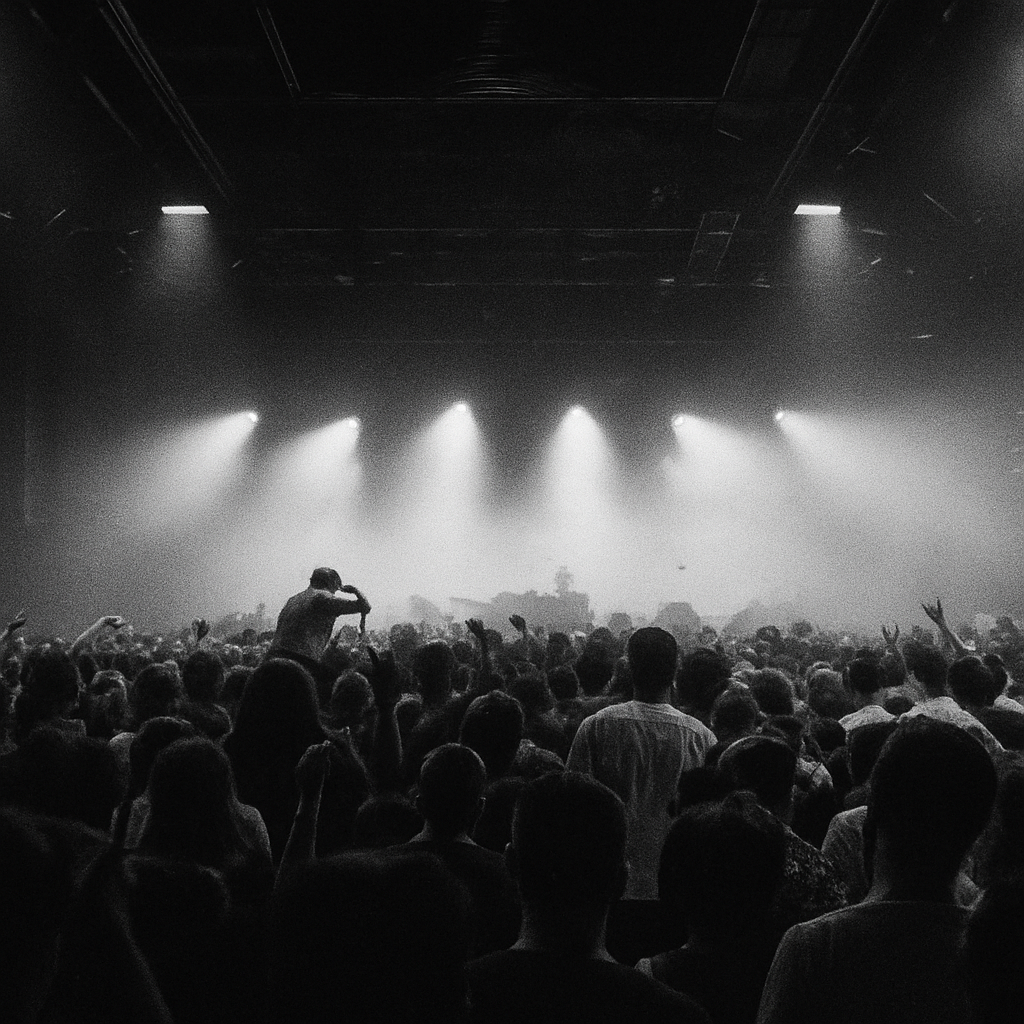 a crowd of people standing in front of a stage