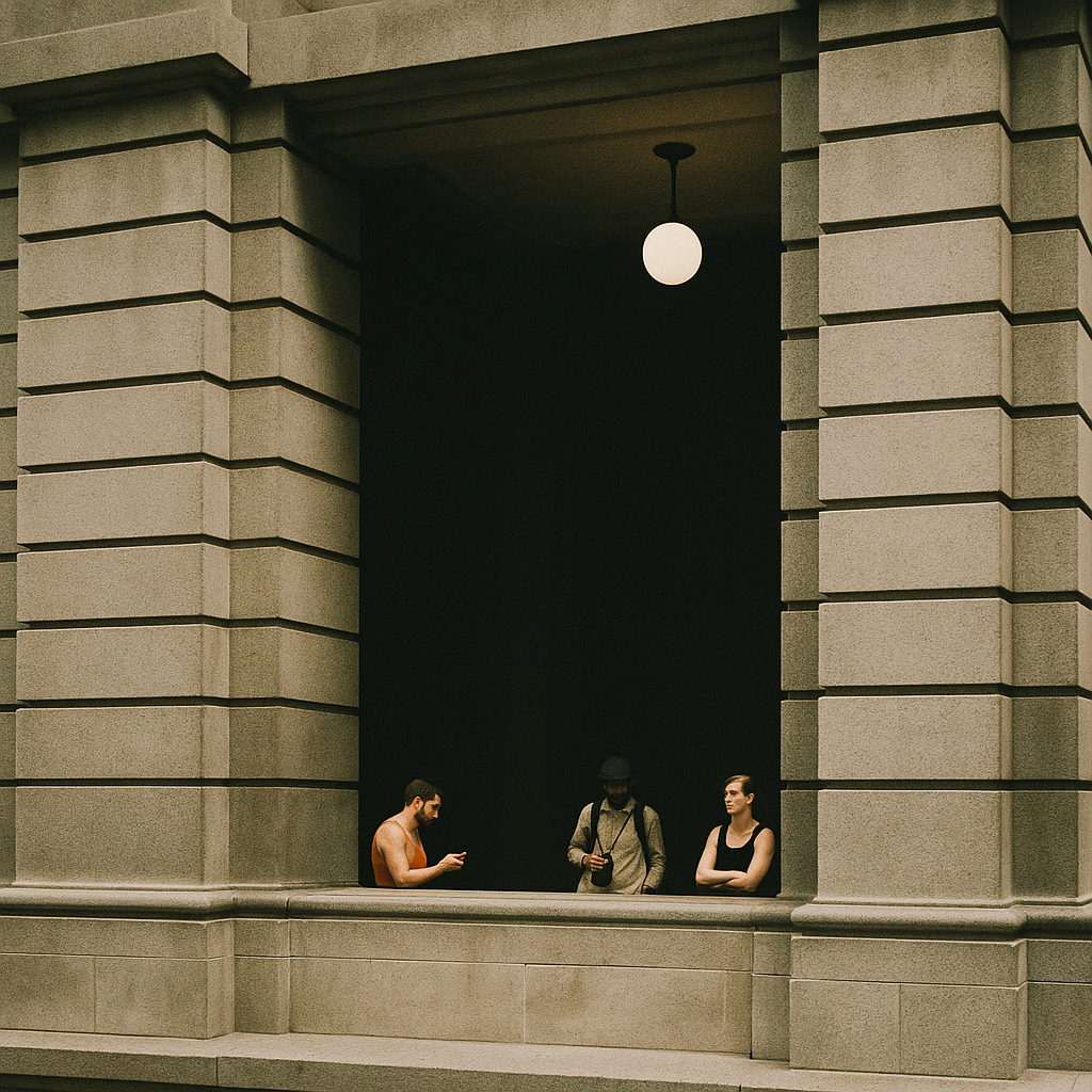 People standing at a large concrete window.