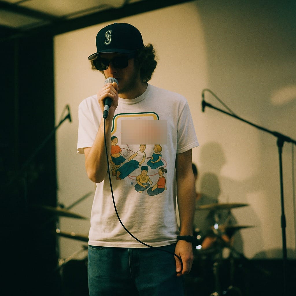 a man standing in front of a microphone on a stage