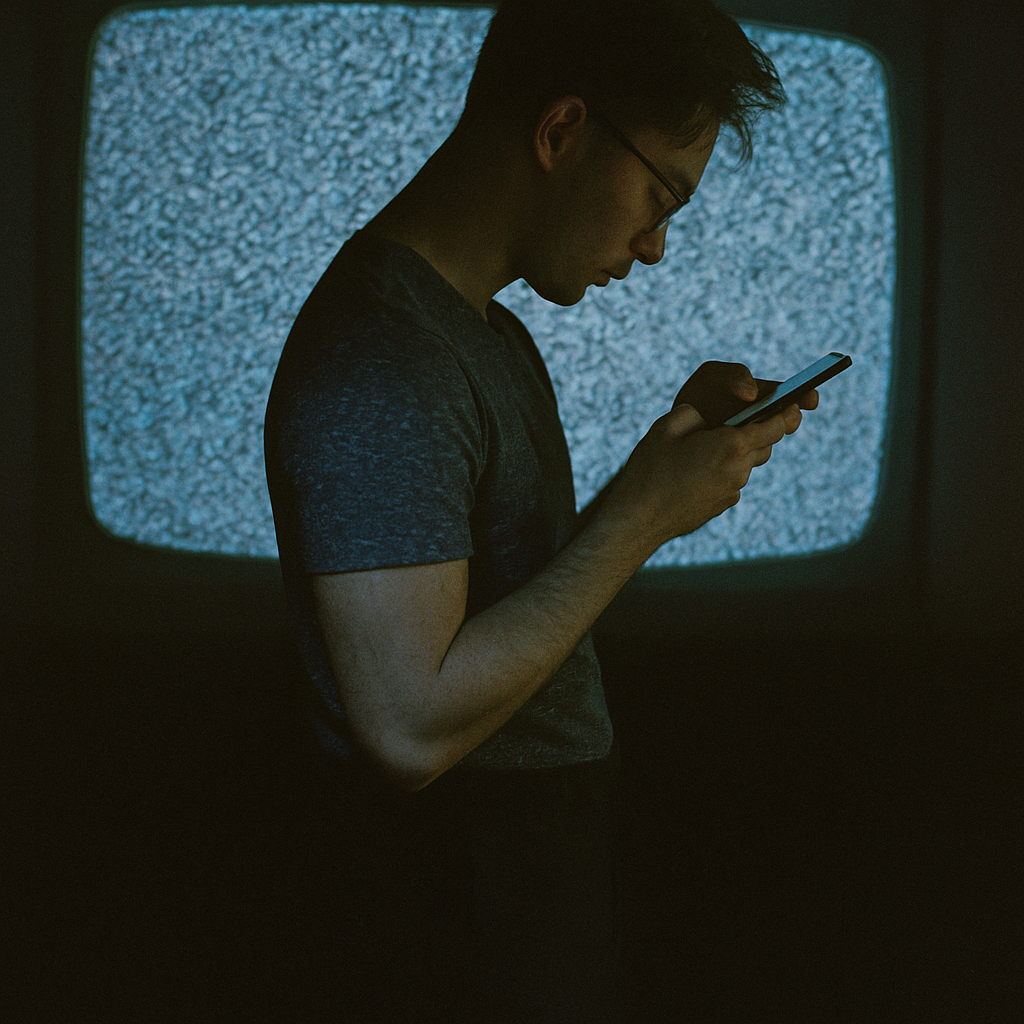 a man in front of a static TV screen, holding a phone