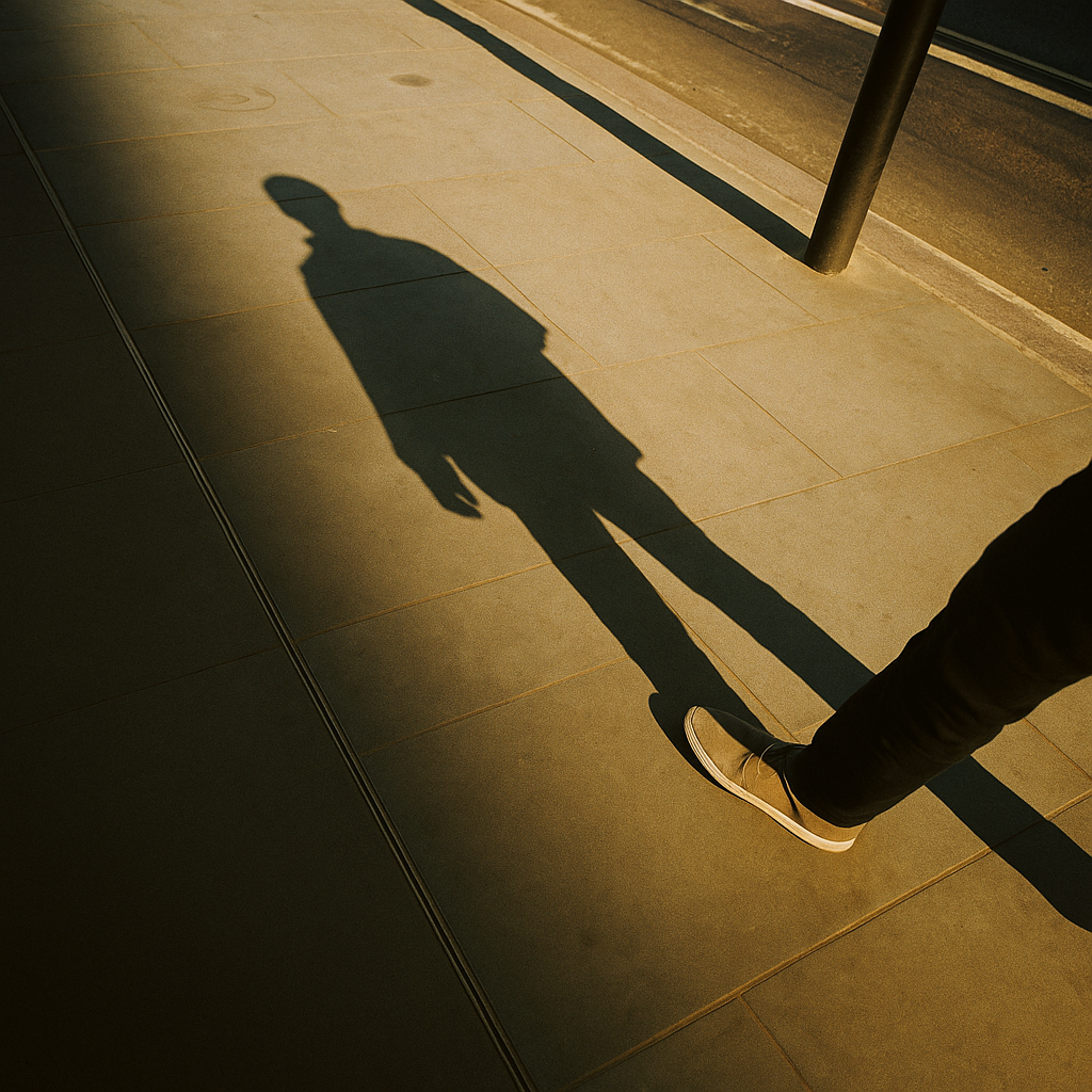 person in black pants and white and black nike sneakers walking on gray concrete floor, with shadow