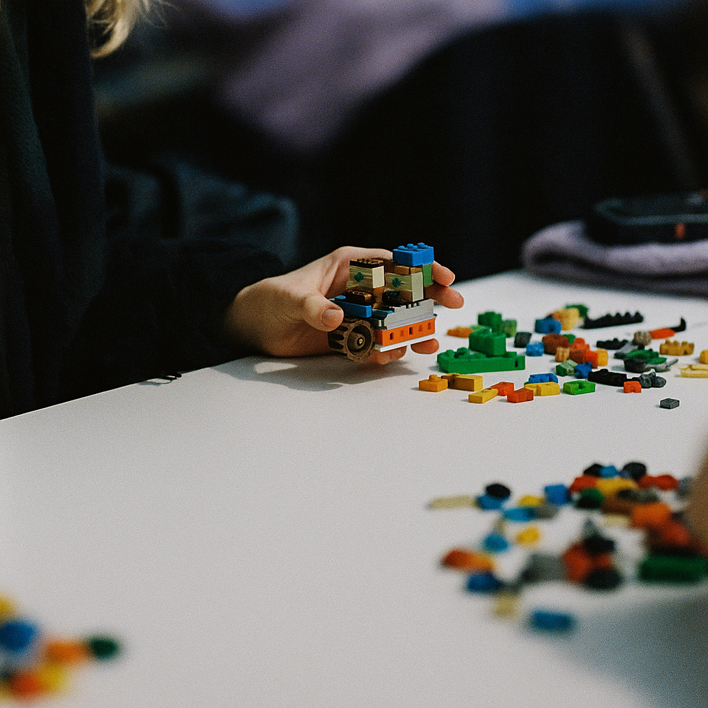 A person building with colorful lego bricks on a white table.