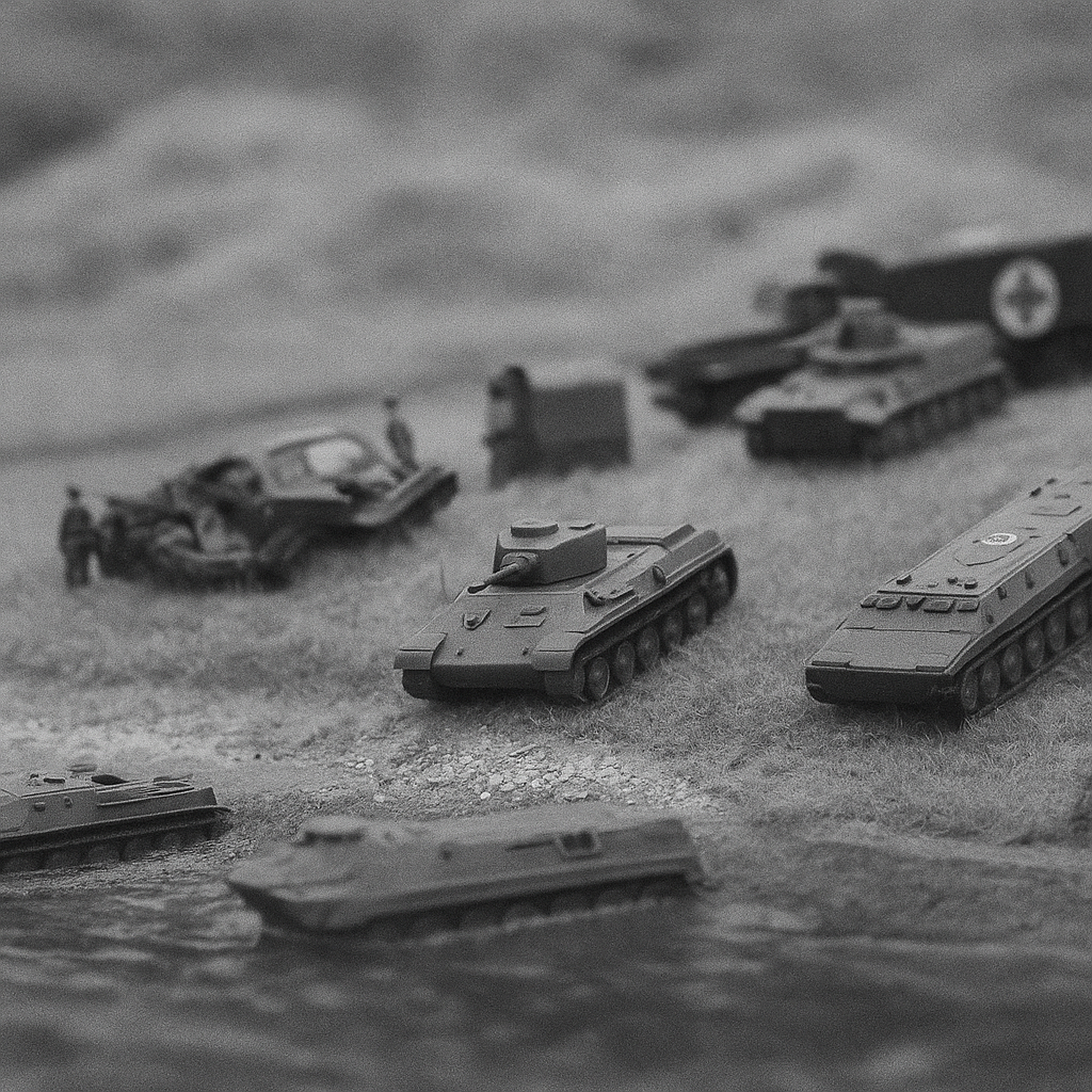a group of toy military vehicles sitting on top of a sandy beach