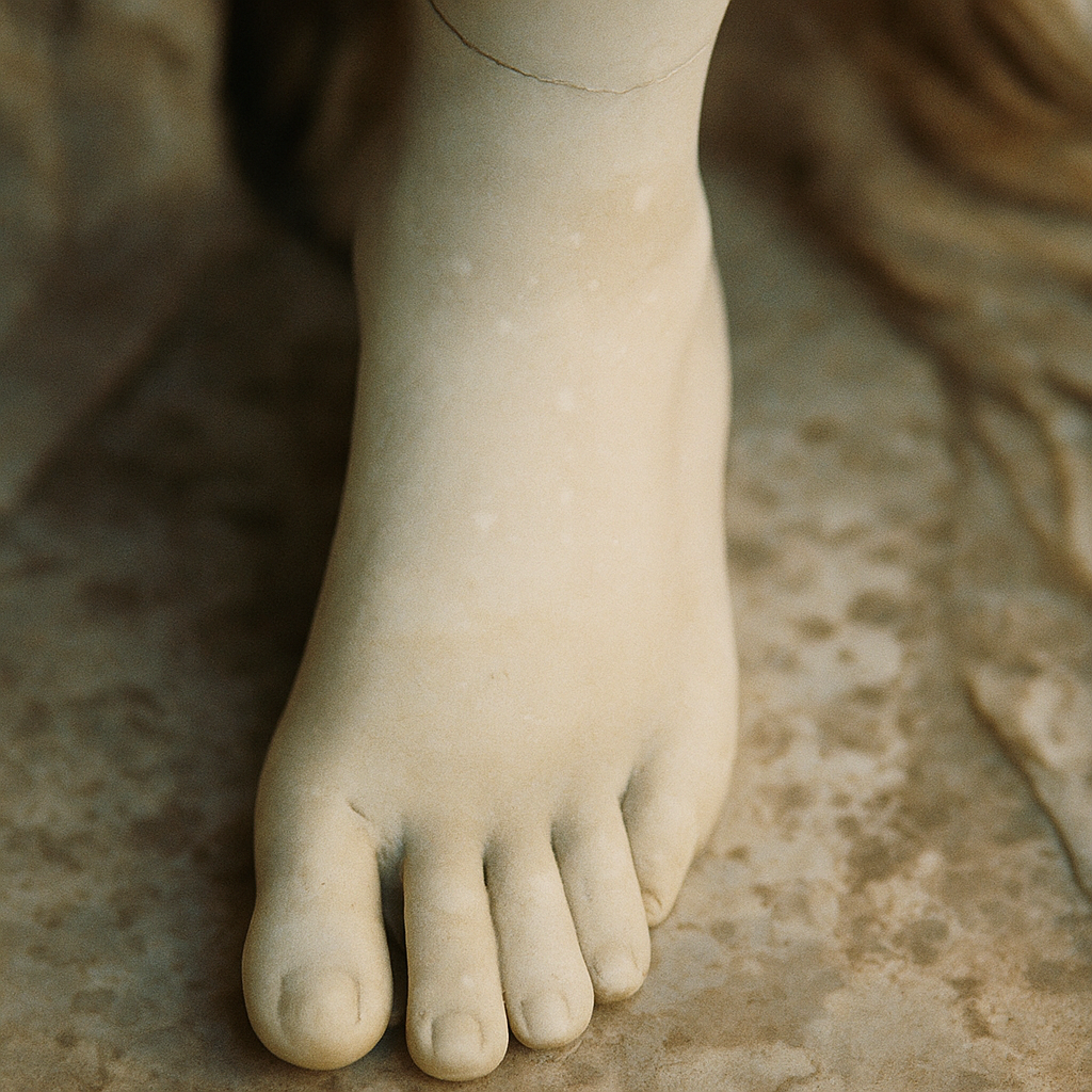 A close up of a statue's left foot.