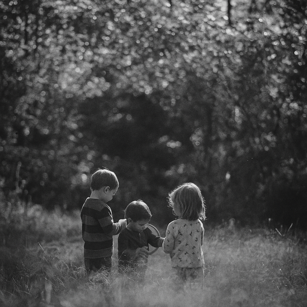 three children in a field of tall grass