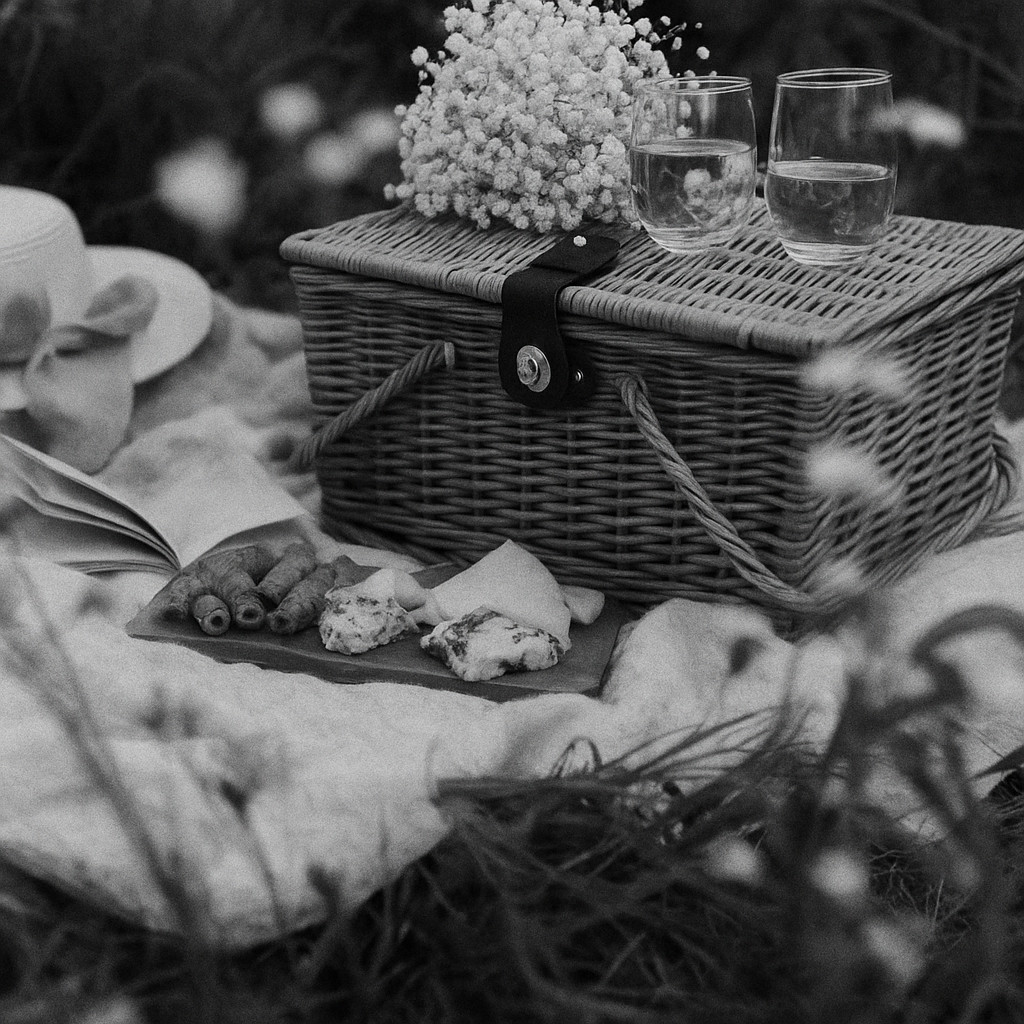 A picnic baskit sits with white flowers on a blanket near a plate of meat and cheese