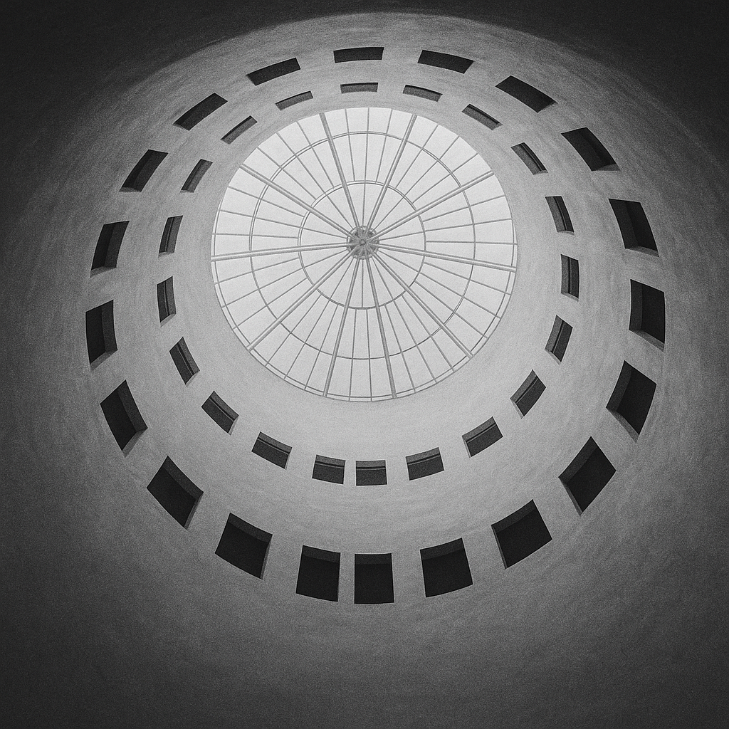 Looking up through a circular building atrium with skylight