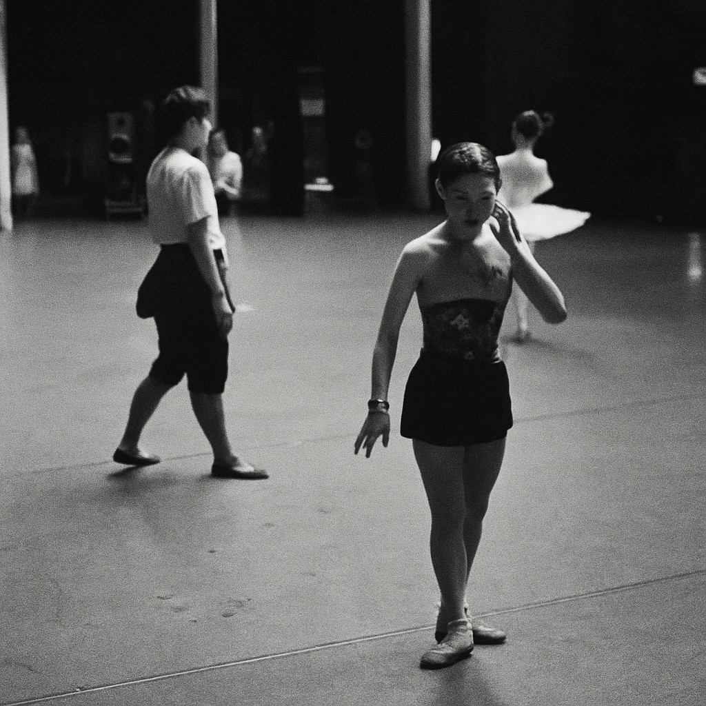 Ballet dancers rehearse on a stage.