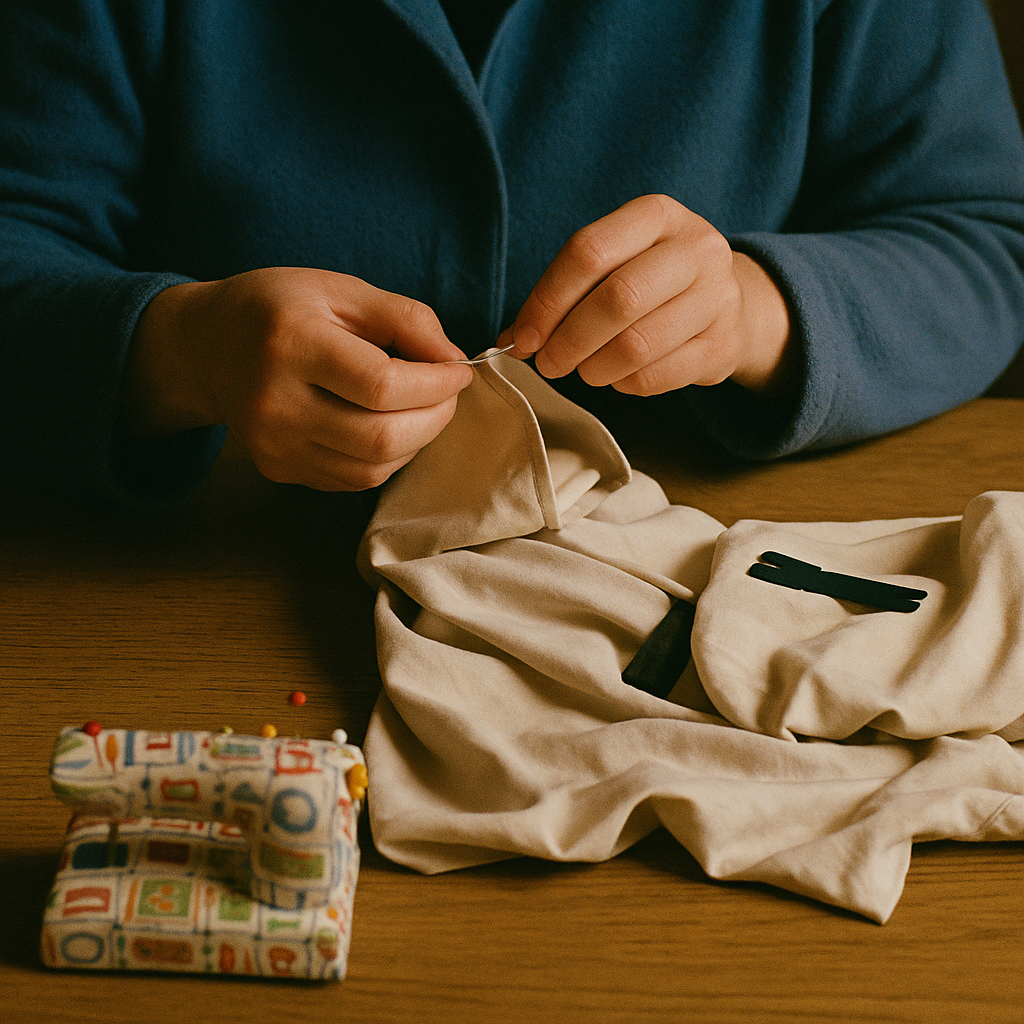A person sewing fabric with a needle and thread.
