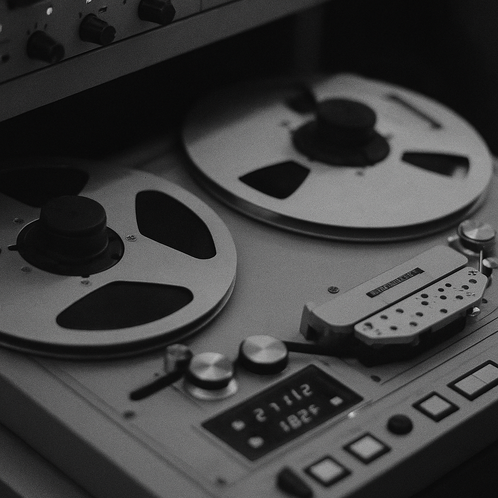 black and white photo of an analog tape machine