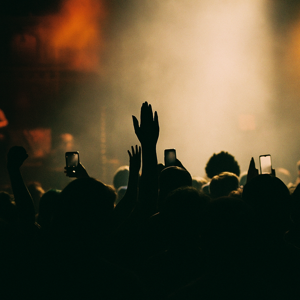 A crowd of people at a concert with their hands in the air