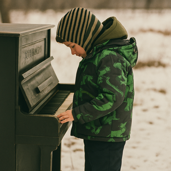 a young boy playing a piano in the snow