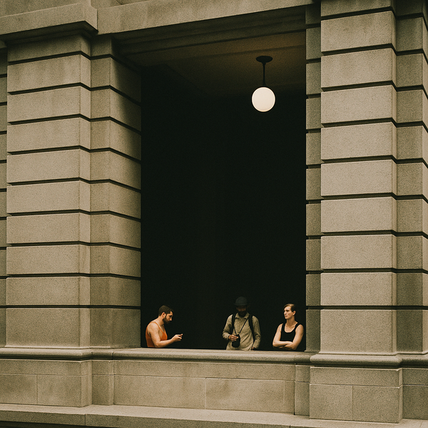 People standing at a large concrete window.