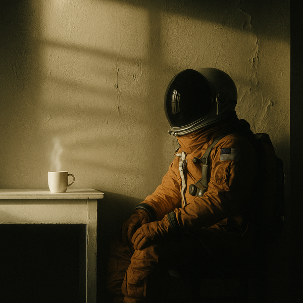 a person in a space suit sitting on a chair with a cup of coffee on a tabl