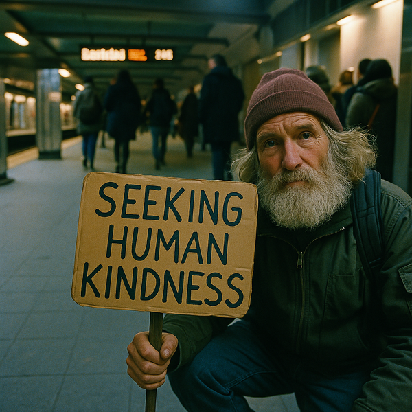man holding card with seeking human kindness text