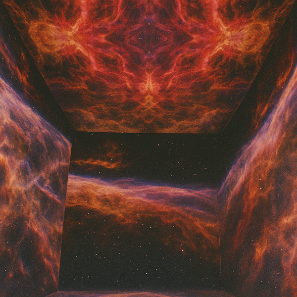 Vibrant nebula with colorful cosmic clouds and stars projected on rectangular planes.