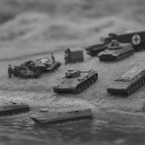 a group of toy military vehicles sitting on top of a sandy beach