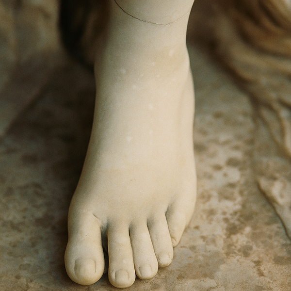 A close up of a statue's left foot.