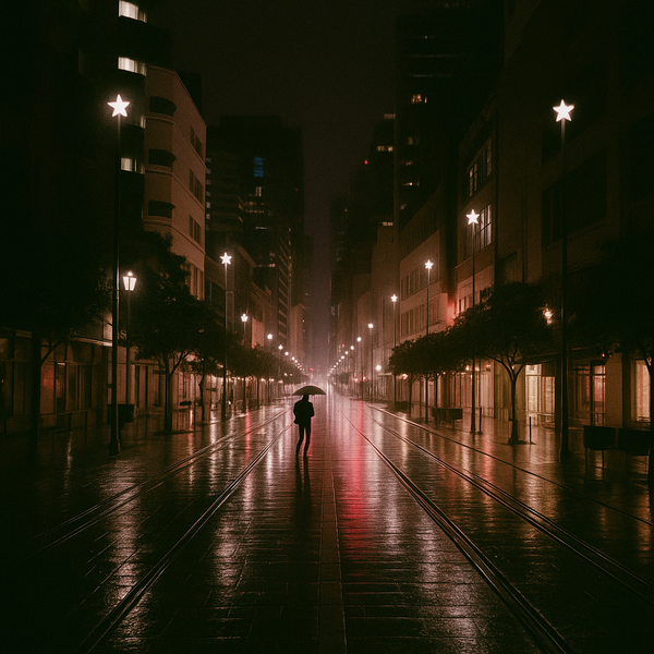 person with an umbrella walking on a street during night time