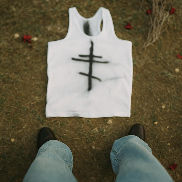 White tank top with a black orthodox cross design on the ground