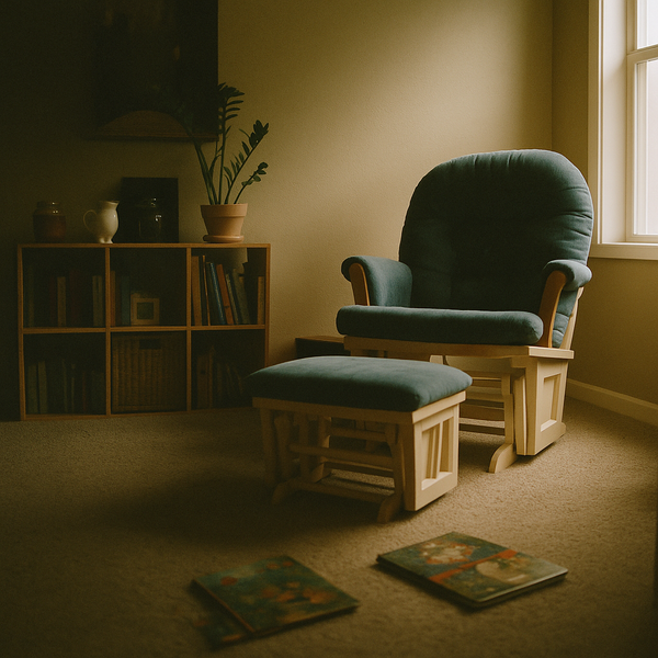 a photo of an empty chair in a dark room, with records on the floor