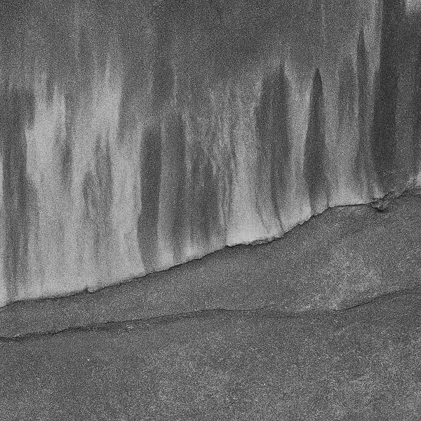 black and white image of an orange and brown abstract painting, evocative of a forest fire.